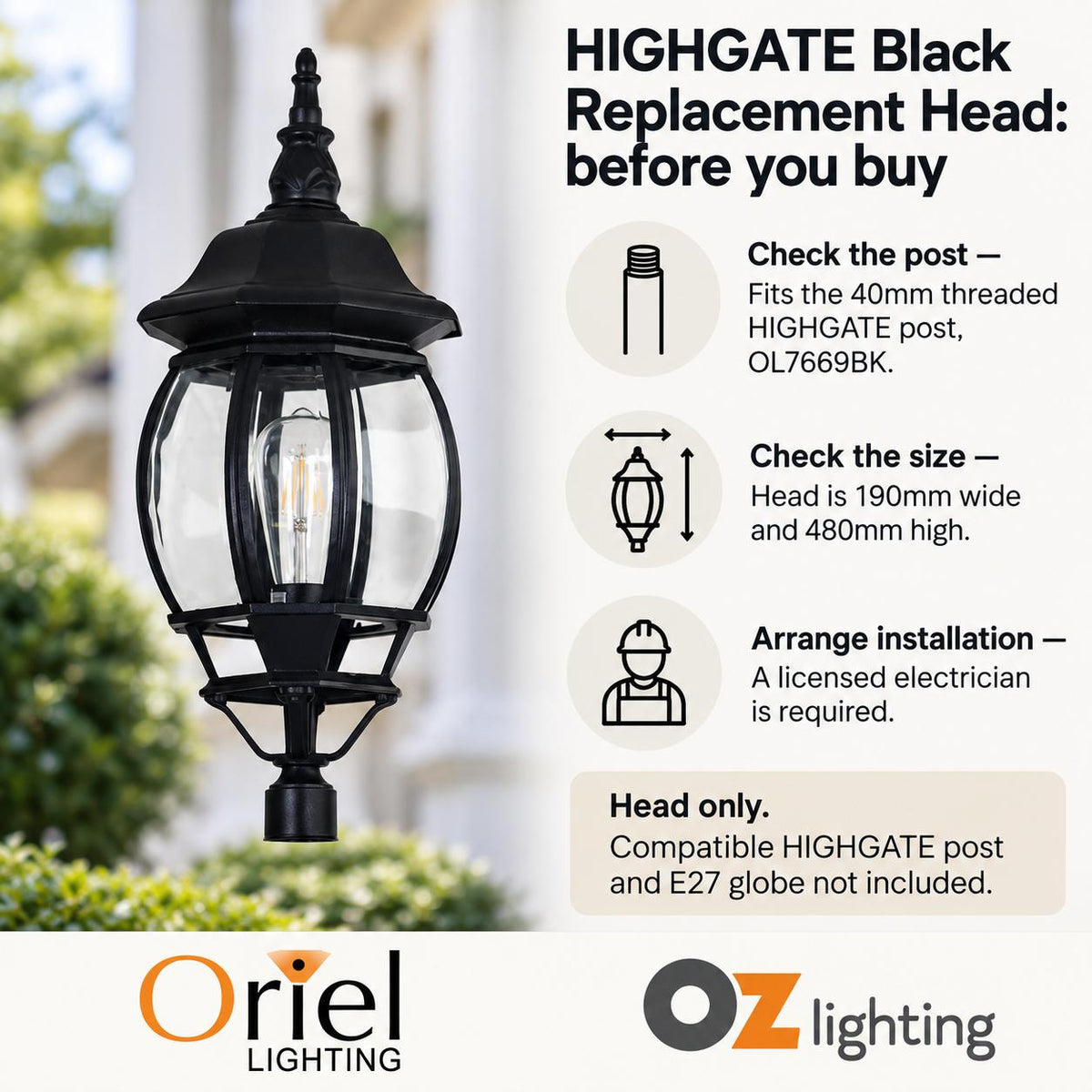 Oriel HIGHGATE Replacement Top - Max. 60W-Oriel Lighting-Ozlighting.com.au