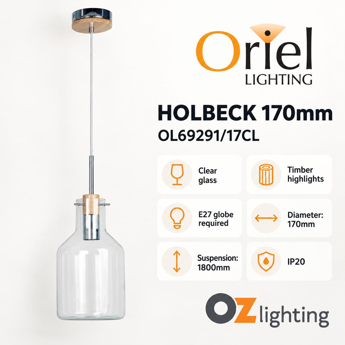 Oriel HOLBECK Pendant - 1 Light Clear Glass and Timber-Oriel Lighting-Ozlighting.com.au