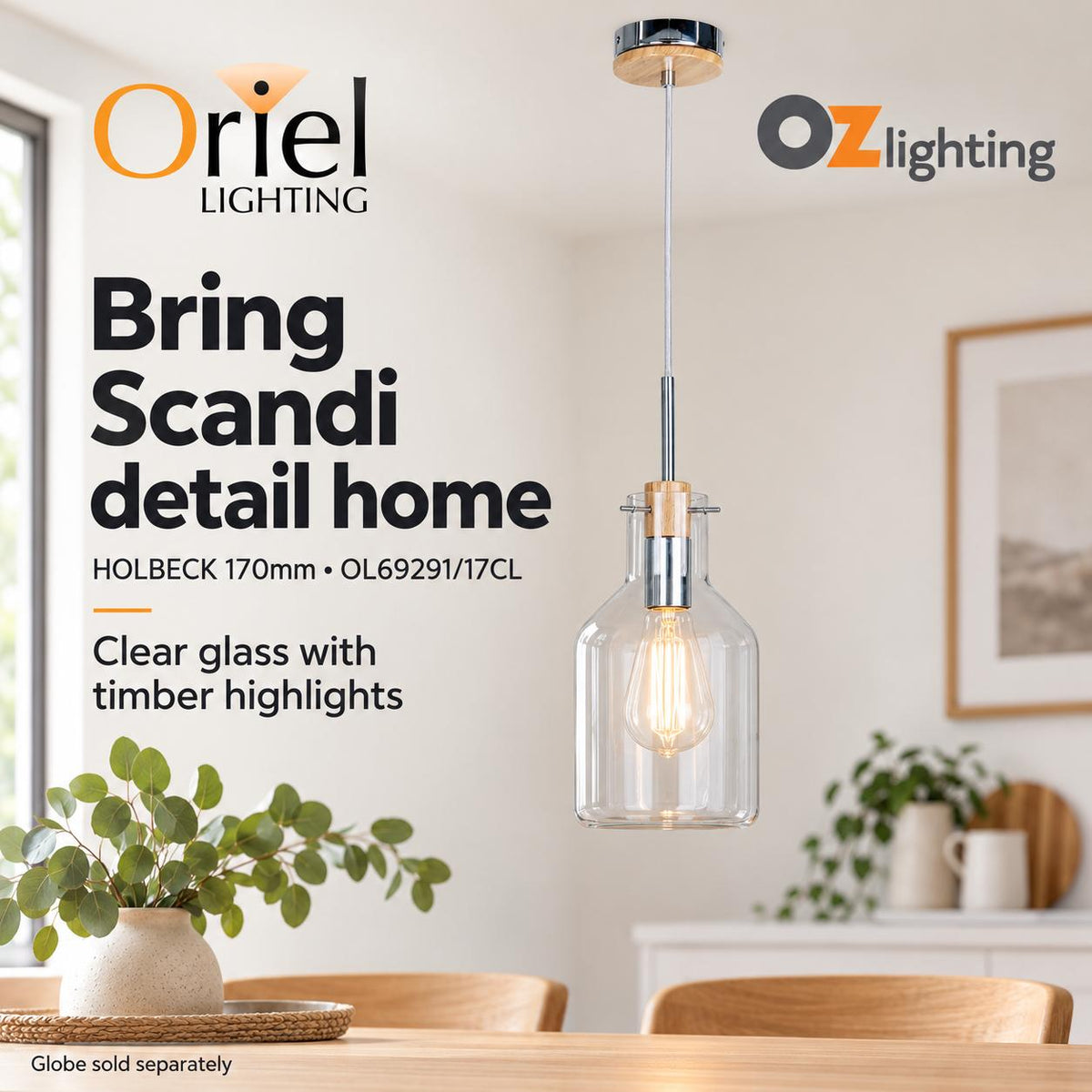 Oriel HOLBECK Pendant - 1 Light Clear Glass and Timber-Oriel Lighting-Ozlighting.com.au