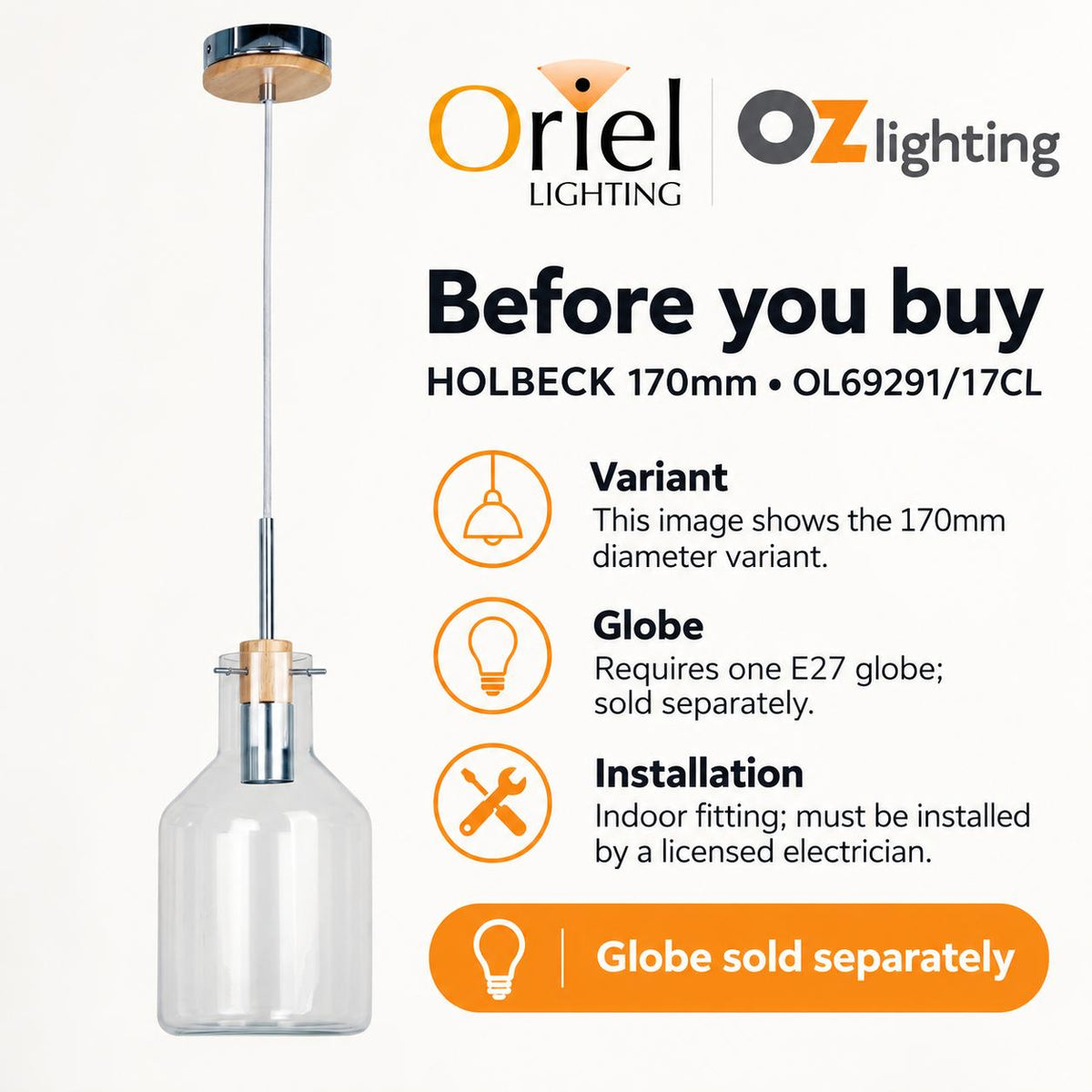 Oriel HOLBECK Pendant - 1 Light Clear Glass and Timber-Oriel Lighting-Ozlighting.com.au