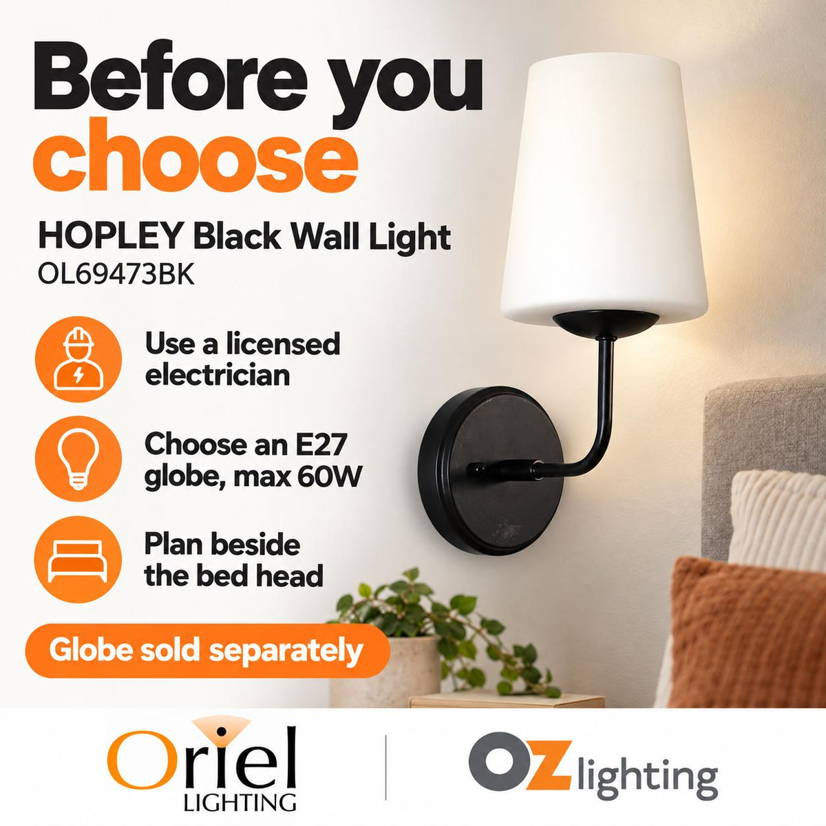 Oriel HOPLEY Wall Light - Tapered Glass Bedside-Oriel Lighting-Ozlighting.com.au