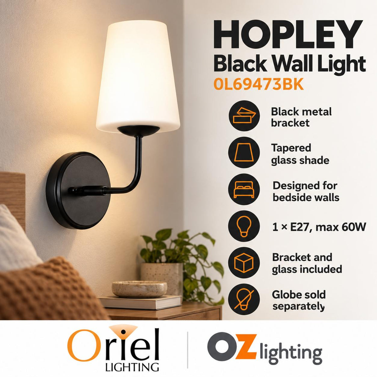 Oriel HOPLEY Wall Light - Tapered Glass Bedside-Oriel Lighting-Ozlighting.com.au