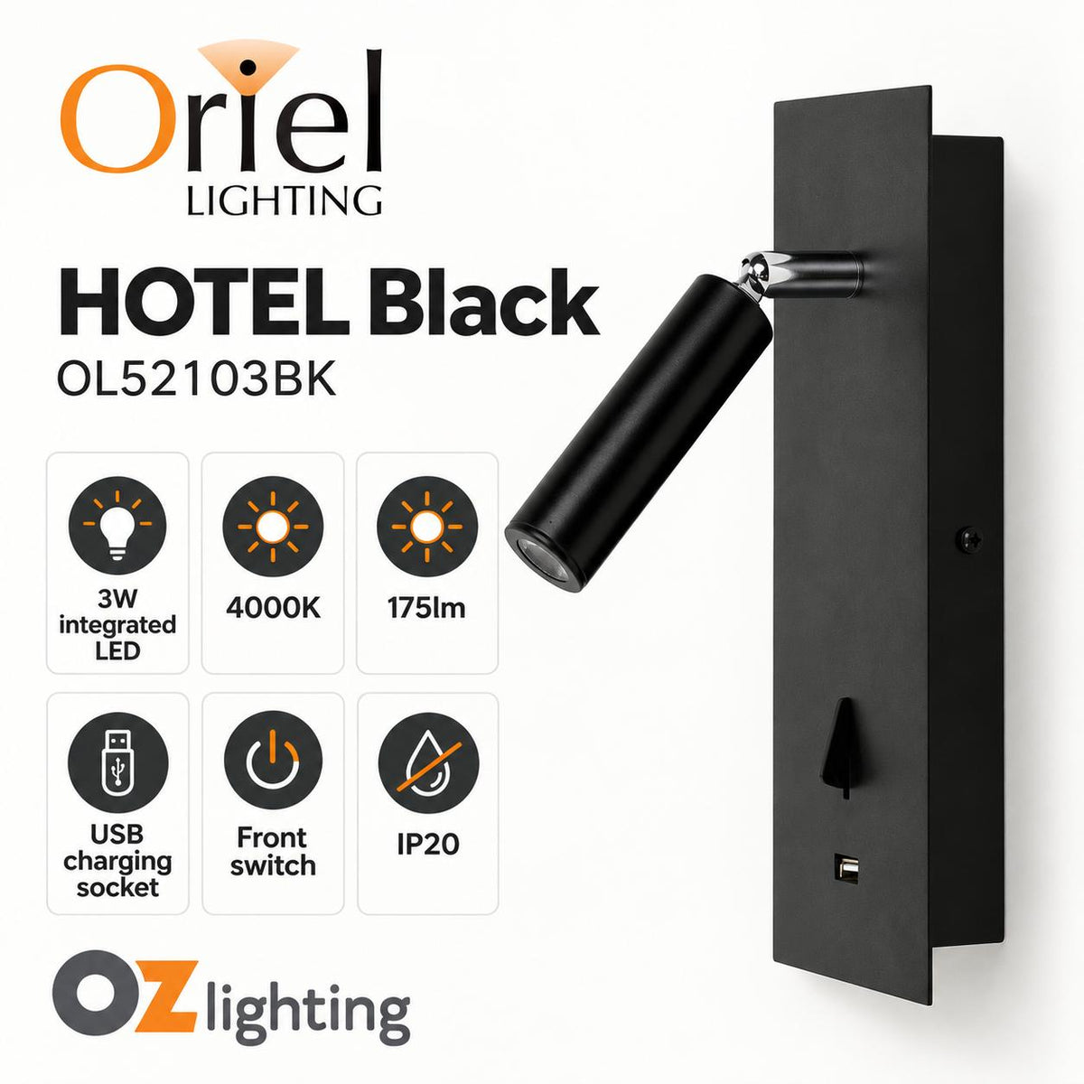 Oriel HOTEL LED Wall Light - 3W, Interior Bedside Focus, Spot with USB Charging IP20, 4000K-Oriel Lighting-Ozlighting.com.au