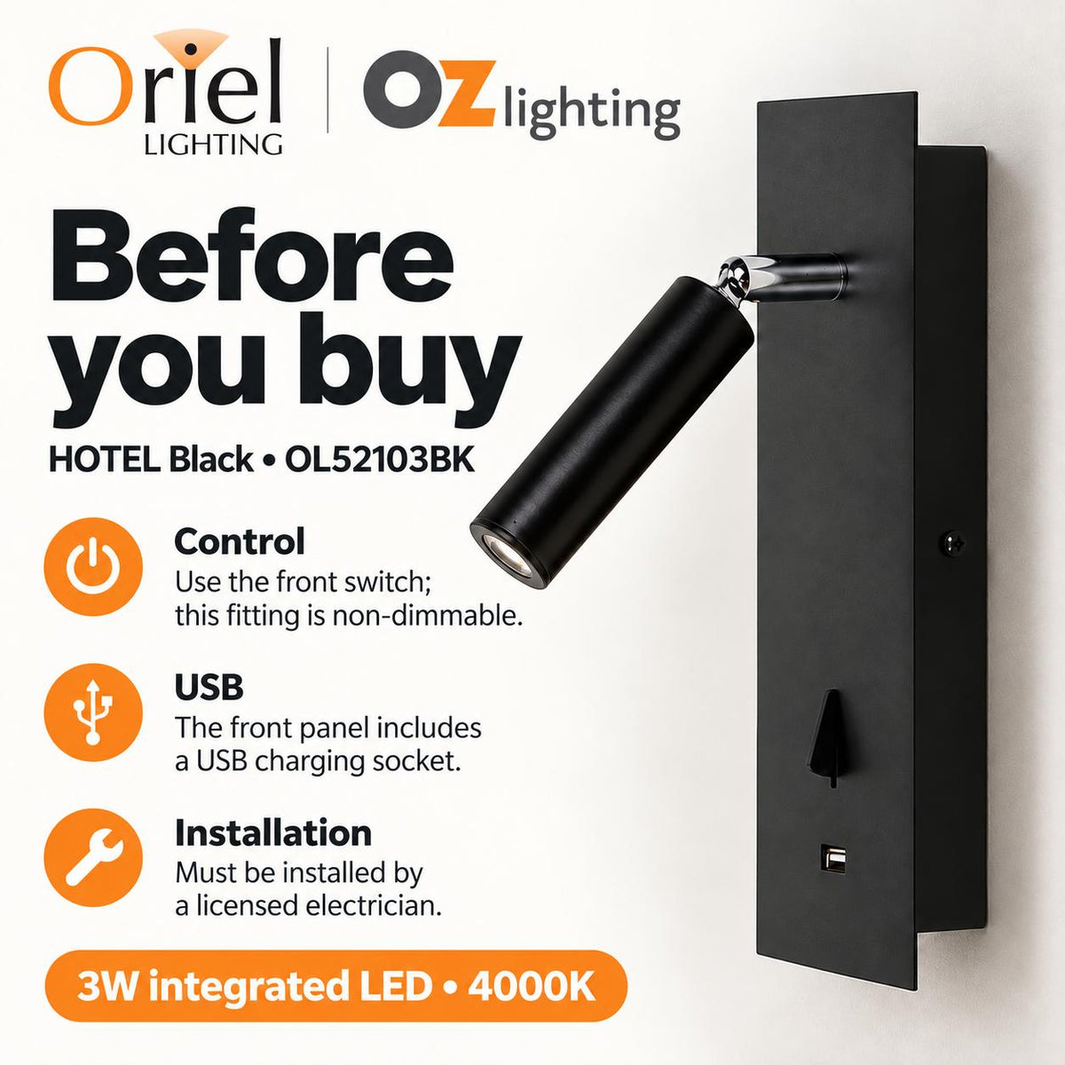 Oriel HOTEL LED Wall Light - 3W, Interior Bedside Focus, Spot with USB Charging IP20, 4000K-Oriel Lighting-Ozlighting.com.au
