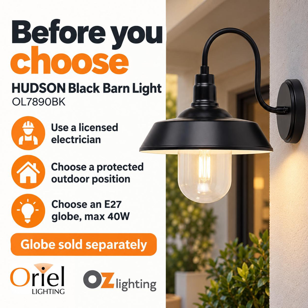 Oriel HUDSON Outdoor Wall Light - 1 Light Barn Style, IP44-Oriel Lighting-Ozlighting.com.au