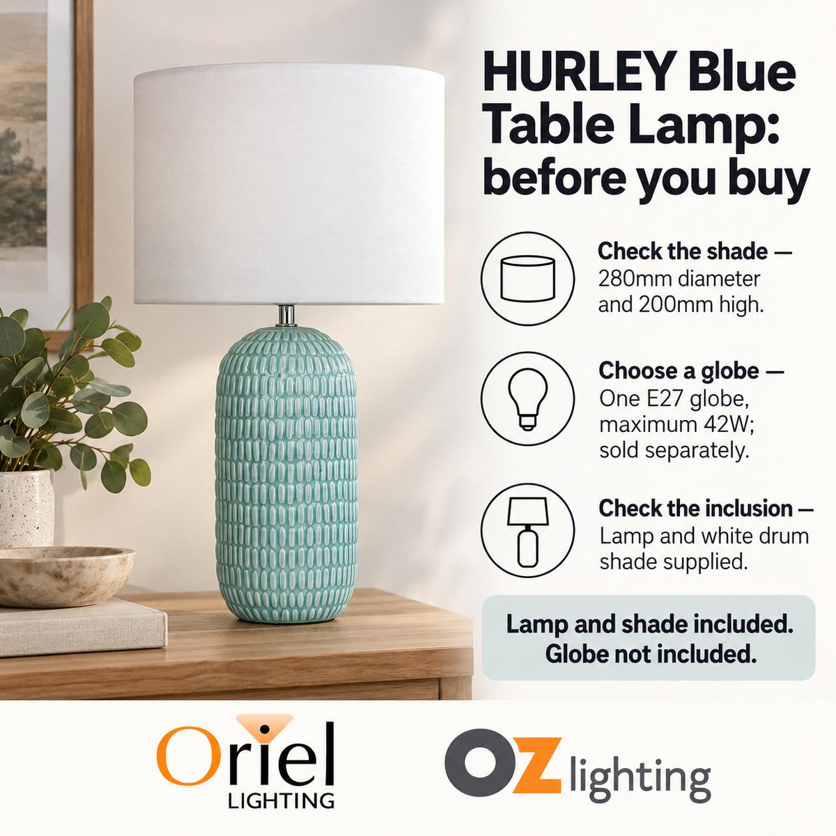 Oriel HURLEY Table Lamp - Ceramic, with Shade-Oriel Lighting-Ozlighting.com.au