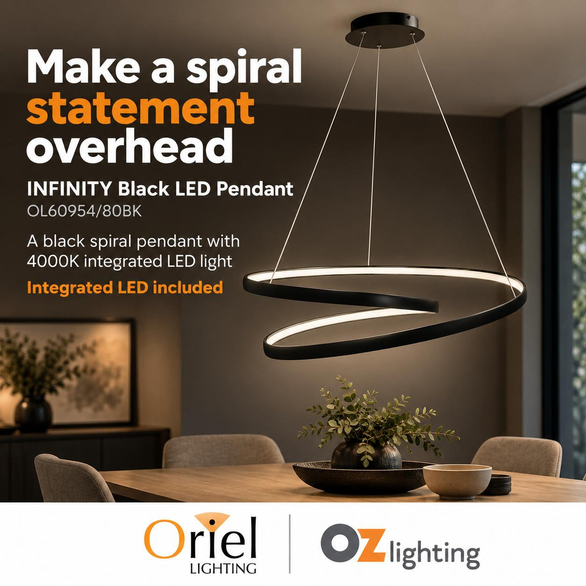 Oriel INFINITY LED Pendant - 50W, Modern Spiral Ring, 4000K-Oriel Lighting-Ozlighting.com.au