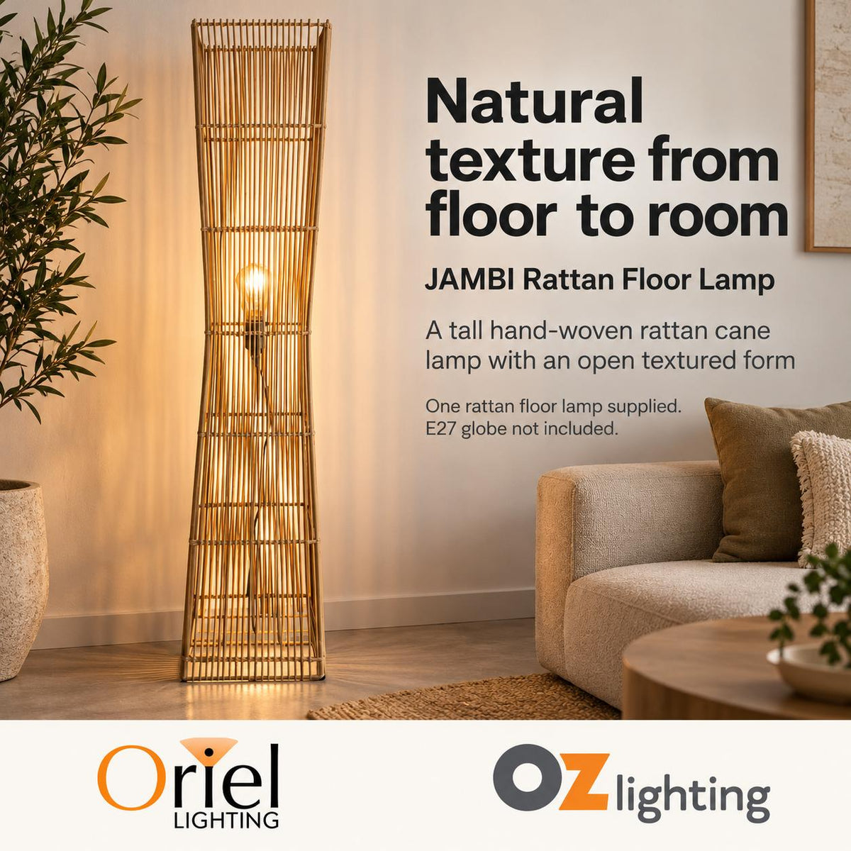 Oriel JAMBI Floor Lamp - Rattan Cane-Oriel Lighting-Ozlighting.com.au