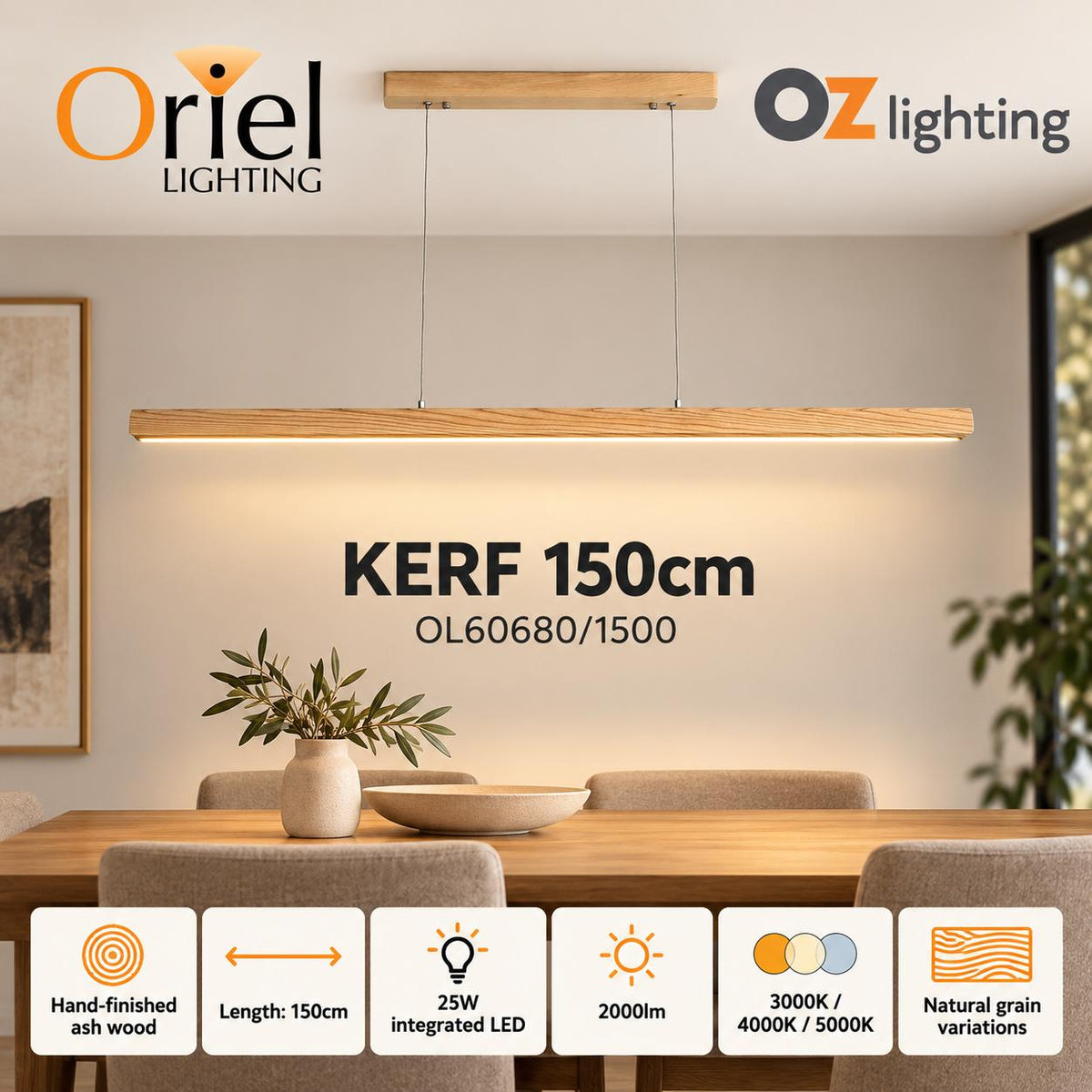 Oriel KERF Pendant - Ash Timber Colour Selectable-Oriel Lighting-Ozlighting.com.au