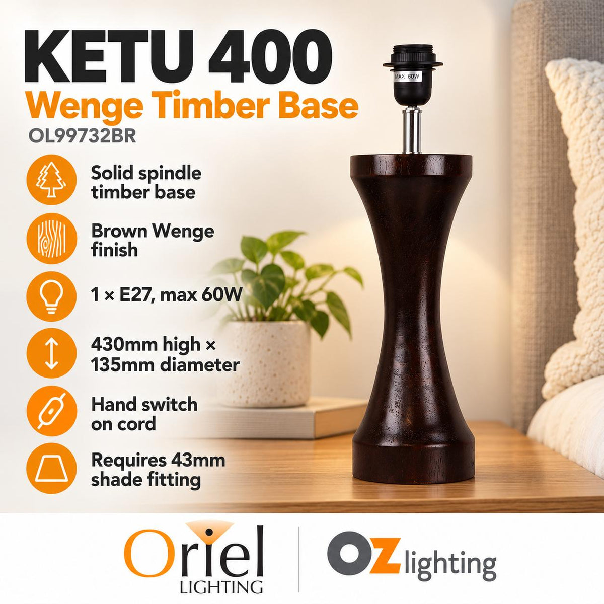 Oriel KETU 400 Table Lamp Base - Spindle Wenge Timber-Oriel Lighting-Ozlighting.com.au