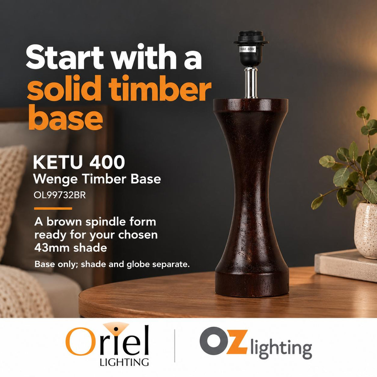 Oriel KETU 400 Table Lamp Base - Spindle Wenge Timber-Oriel Lighting-Ozlighting.com.au