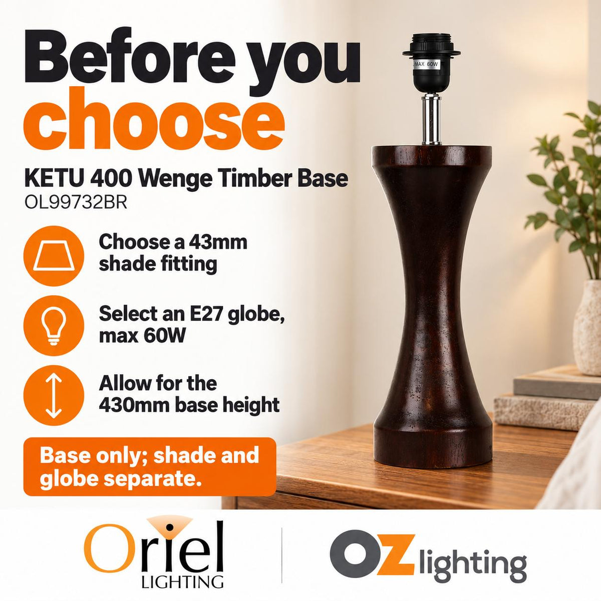 Oriel KETU 400 Table Lamp Base - Spindle Wenge Timber-Oriel Lighting-Ozlighting.com.au
