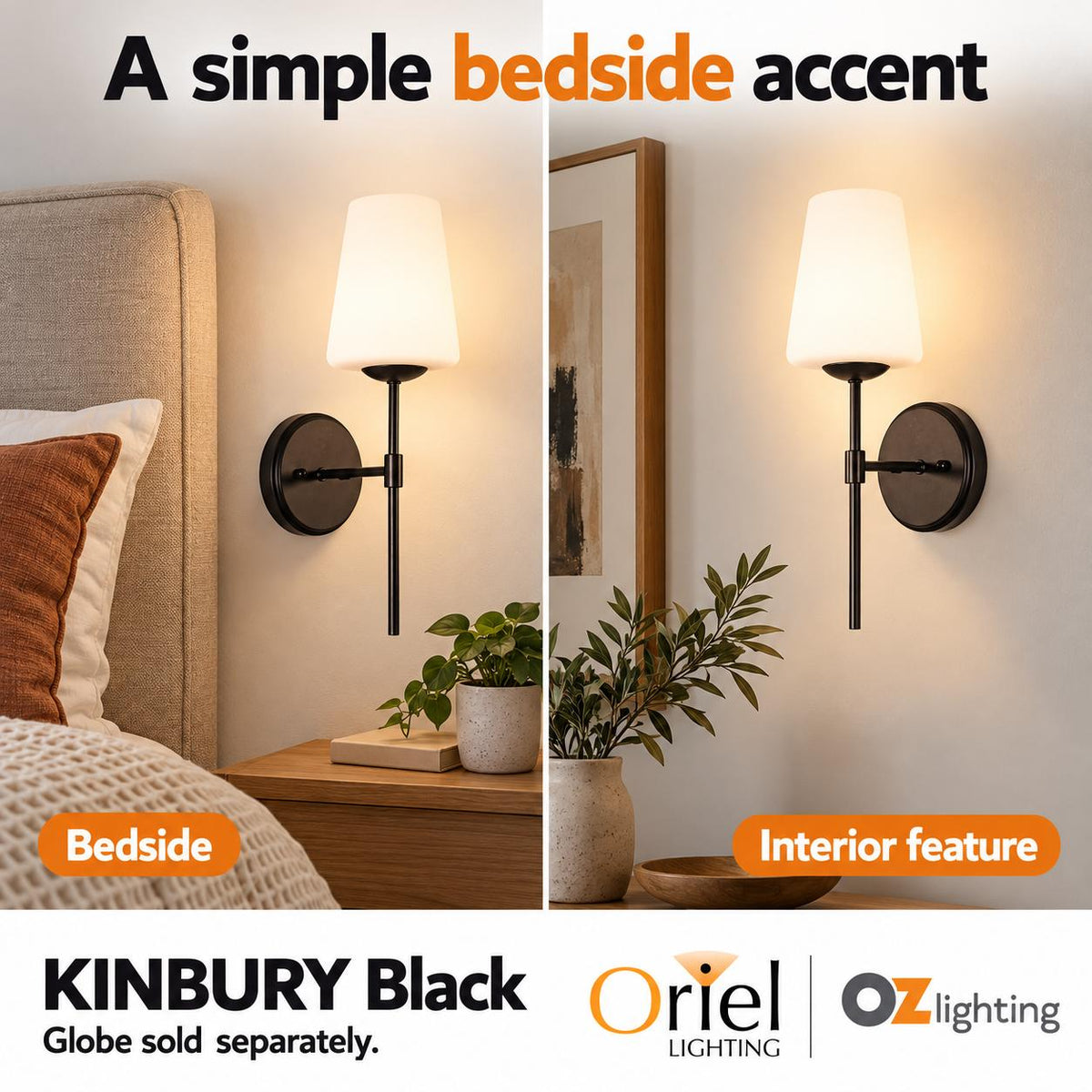 Oriel KINBURY Wall Light - Tapered Glass Bedside-Oriel Lighting-Ozlighting.com.au