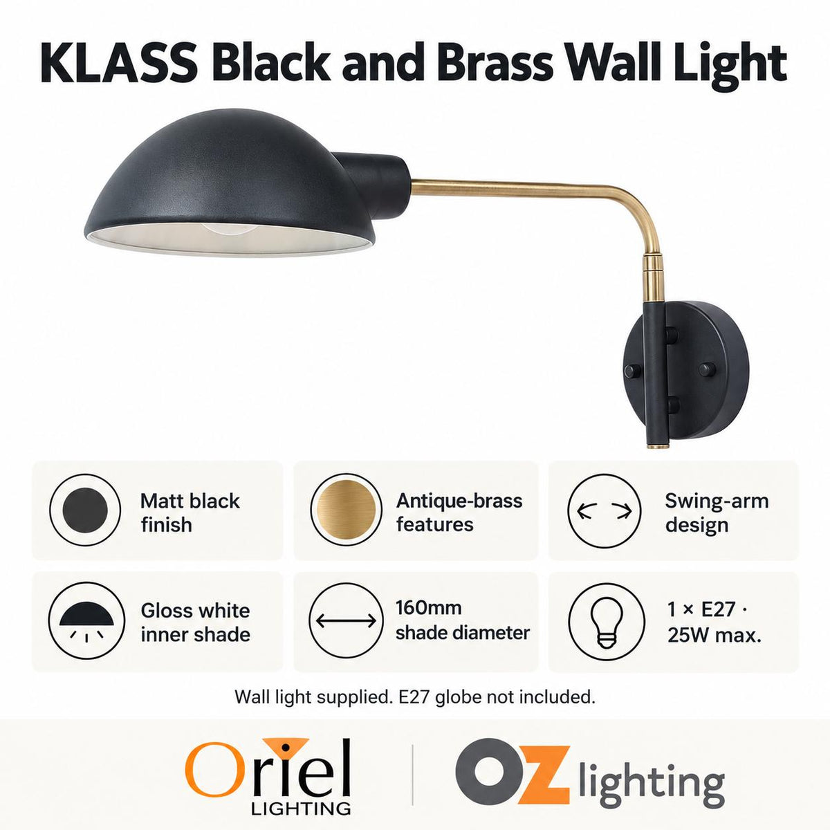 Oriel KLASS Wall Light - Swing Arm-Oriel Lighting-Ozlighting.com.au