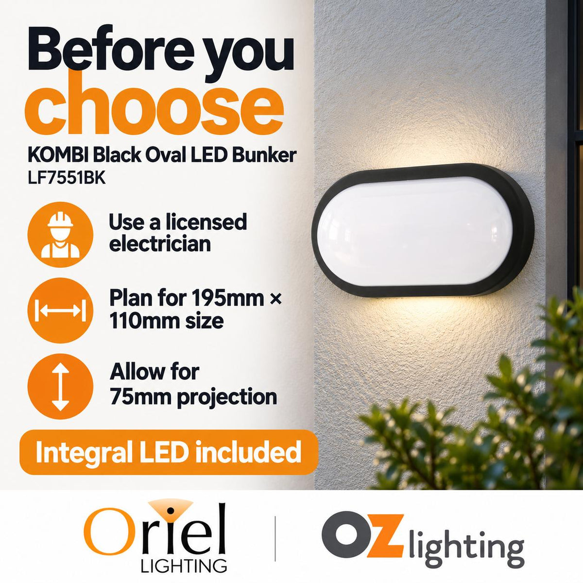 Oriel KOMBI/OSSEN Outdoor LED Bunker Light - 8W, Round/Oval Double Insulated Bulkhead, IP54, 4000K-Oriel Lighting-Ozlighting.com.au