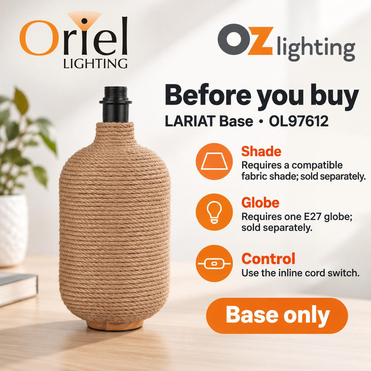 Oriel LARIAT Table Lamp Base Only - Rope-Oriel Lighting-Ozlighting.com.au
