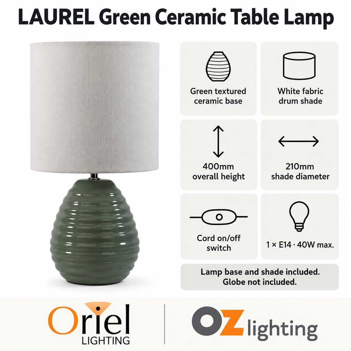 Oriel LAUREL Table Lamp - Textured Ceramic-Oriel Lighting-Ozlighting.com.au