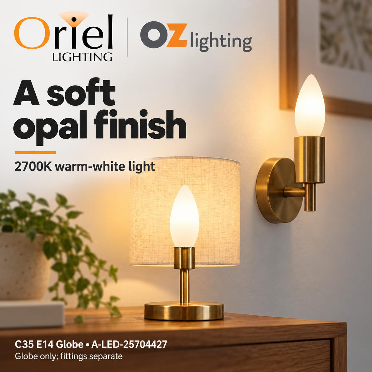 Oriel LED Filament Globe - 4W, C35, E14-Oriel Lighting-Ozlighting.com.au