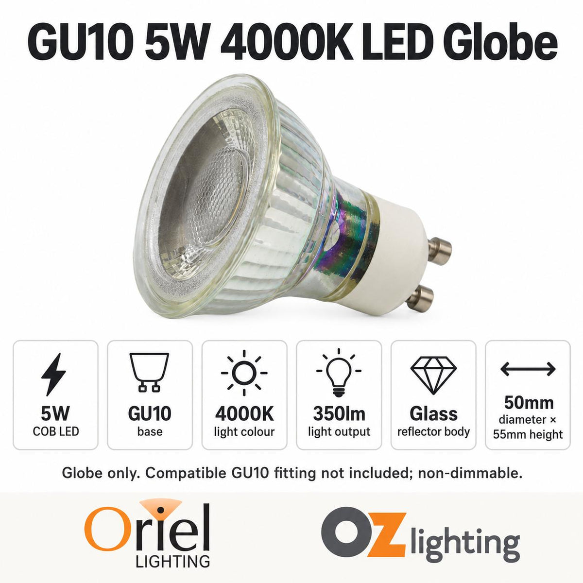 Oriel LED Globe - 5W, GU10-Oriel Lighting-Ozlighting.com.au