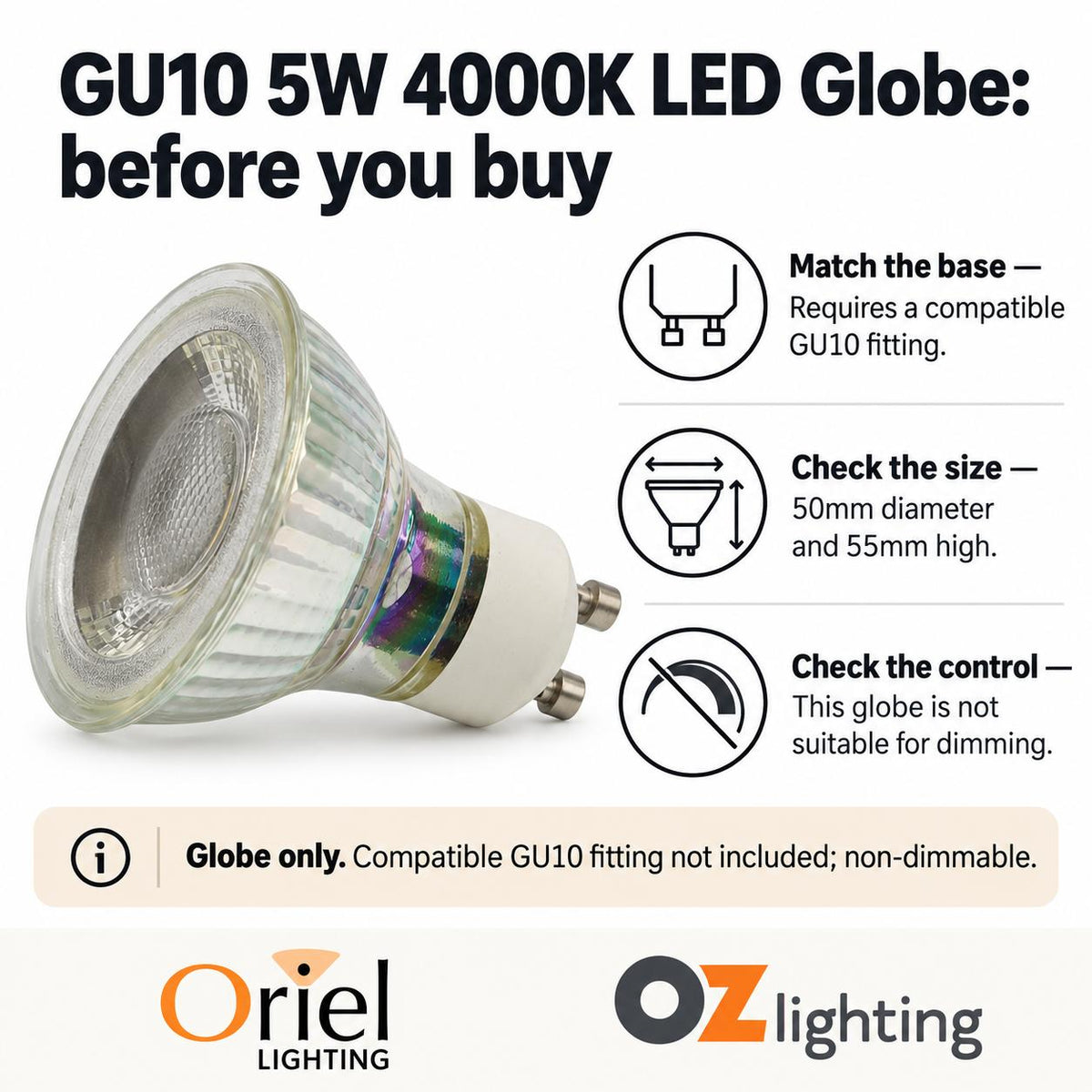 Oriel LED Globe - 5W, GU10-Oriel Lighting-Ozlighting.com.au
