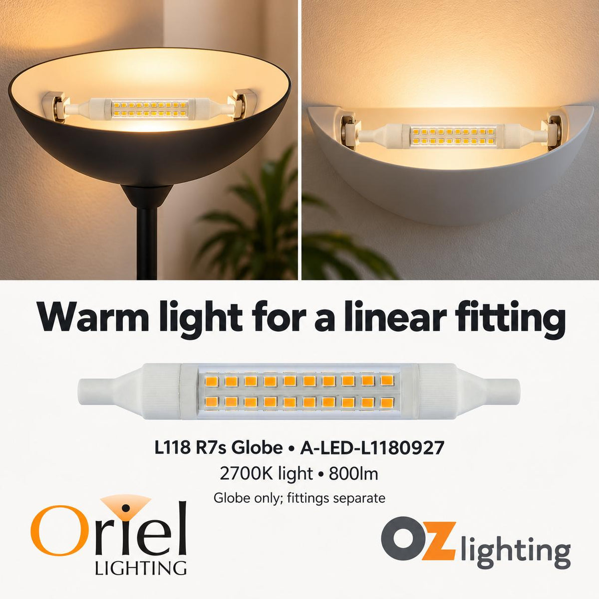 Oriel LED L118 LED Globe - 9W, Linear, R7s-Oriel Lighting-Ozlighting.com.au