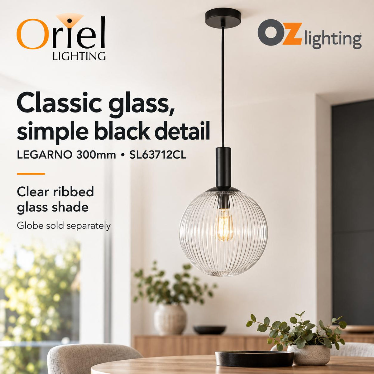 Oriel LEGARNO Pendant - 1 Light Clear Glass-Oriel Lighting-Ozlighting.com.au