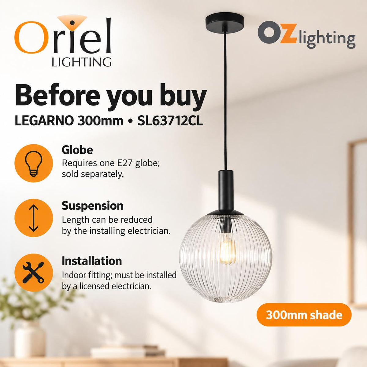 Oriel LEGARNO Pendant - 1 Light Clear Glass-Oriel Lighting-Ozlighting.com.au