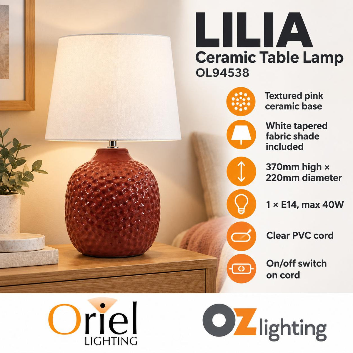 Oriel LILIA Table Lamp - Pink Textured Ceramic-Oriel Lighting-Ozlighting.com.au