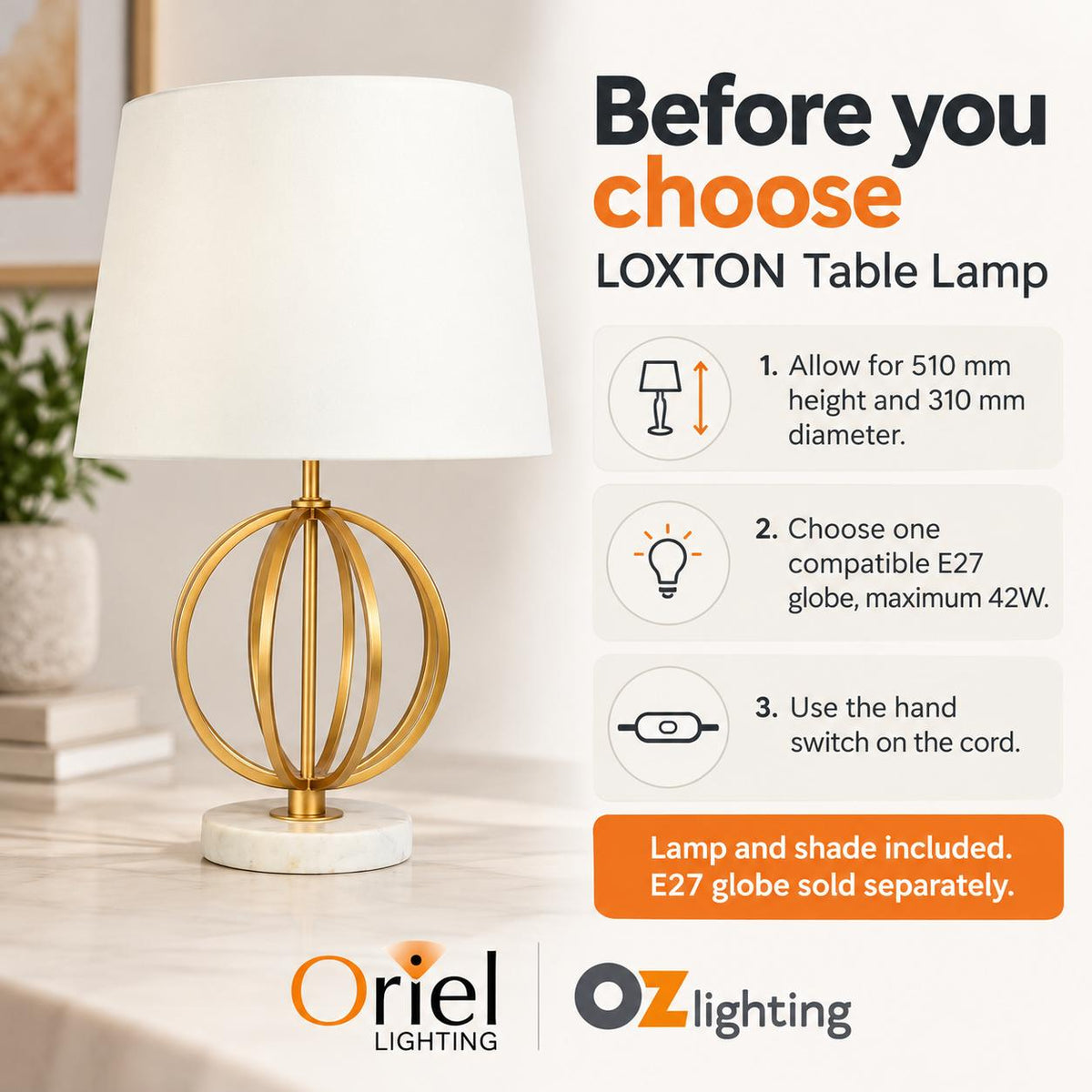 Oriel LOXTON Table Lamp - Marble-Oriel Lighting-Ozlighting.com.au