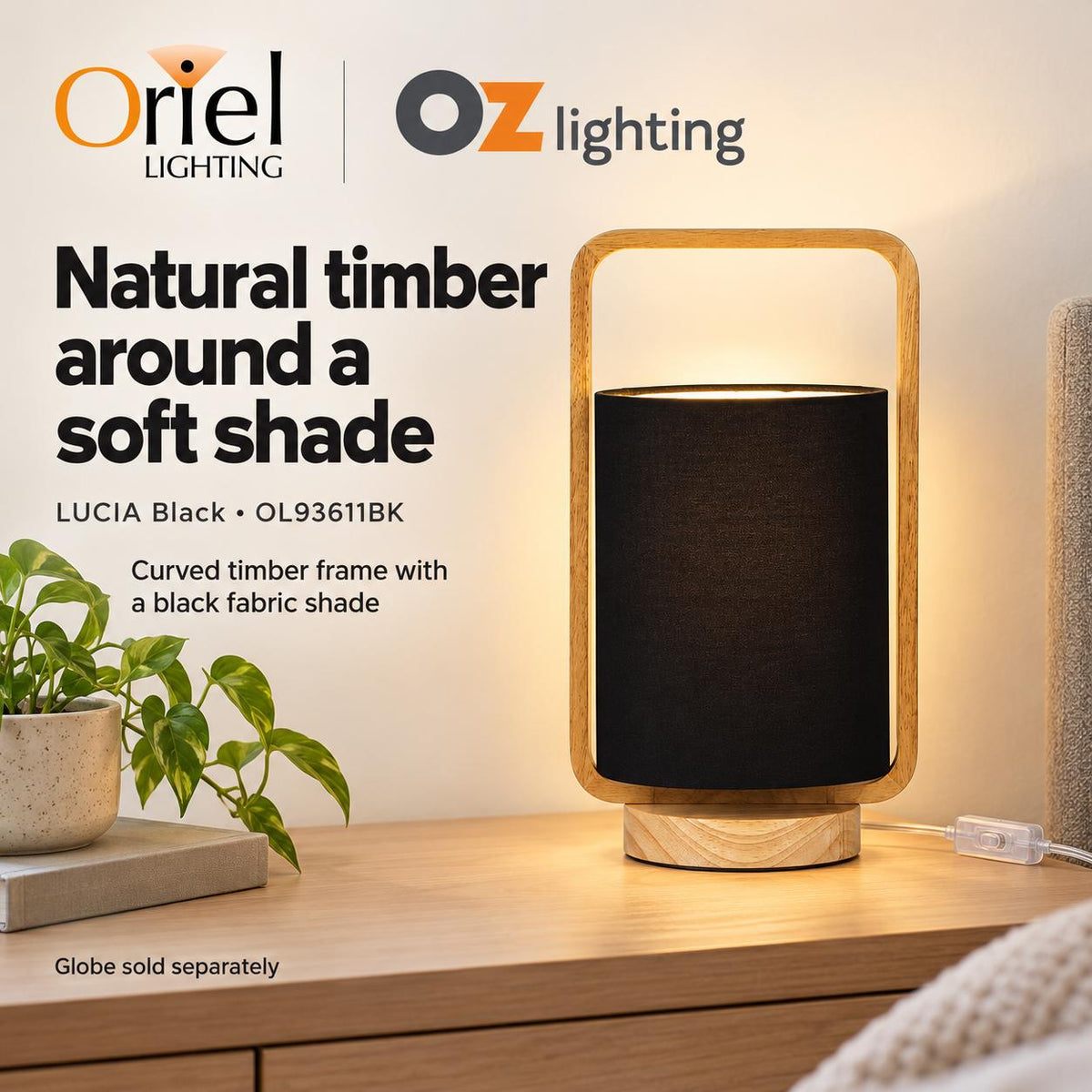Oriel LUCIA Table Lamp - Natural Timber and Cotton-Oriel Lighting-Ozlighting.com.au