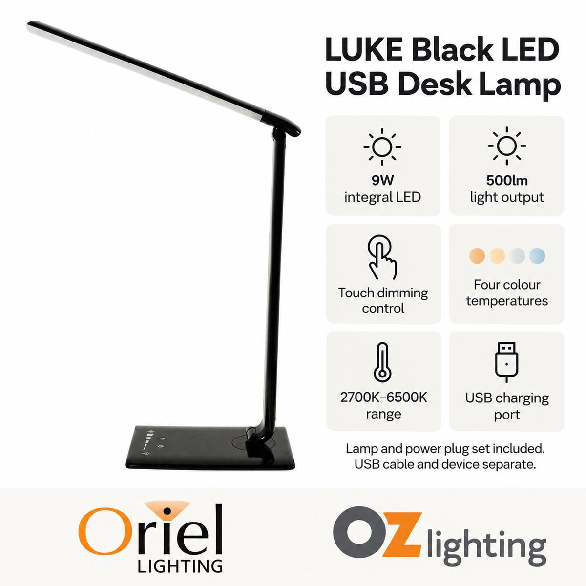 Oriel LUKE Touch LED Desk Lamp - 9W, Dimming Colour Selectable, with USB Port-Oriel Lighting-Ozlighting.com.au