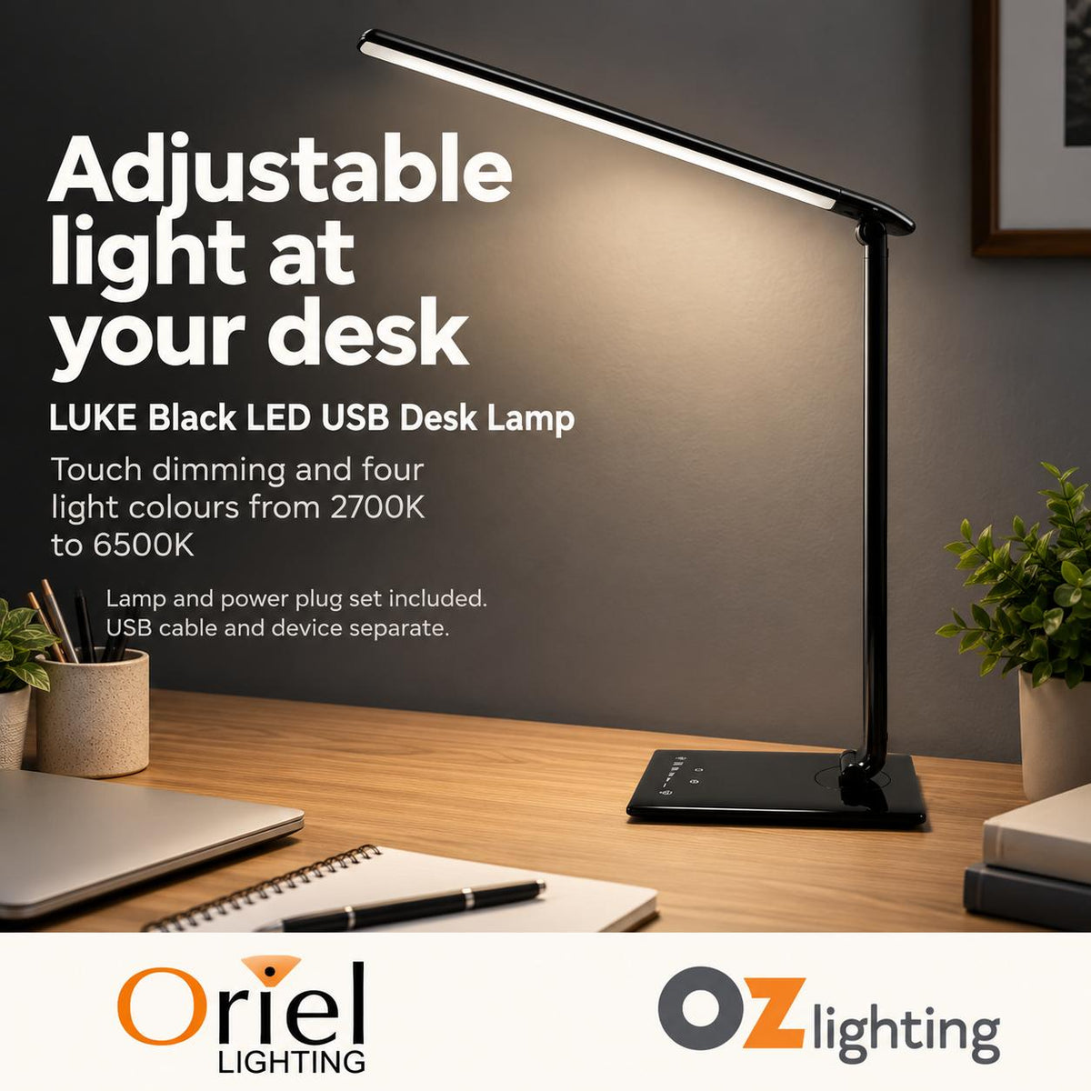 Oriel LUKE Touch LED Desk Lamp - 9W, Dimming Colour Selectable, with USB Port-Oriel Lighting-Ozlighting.com.au