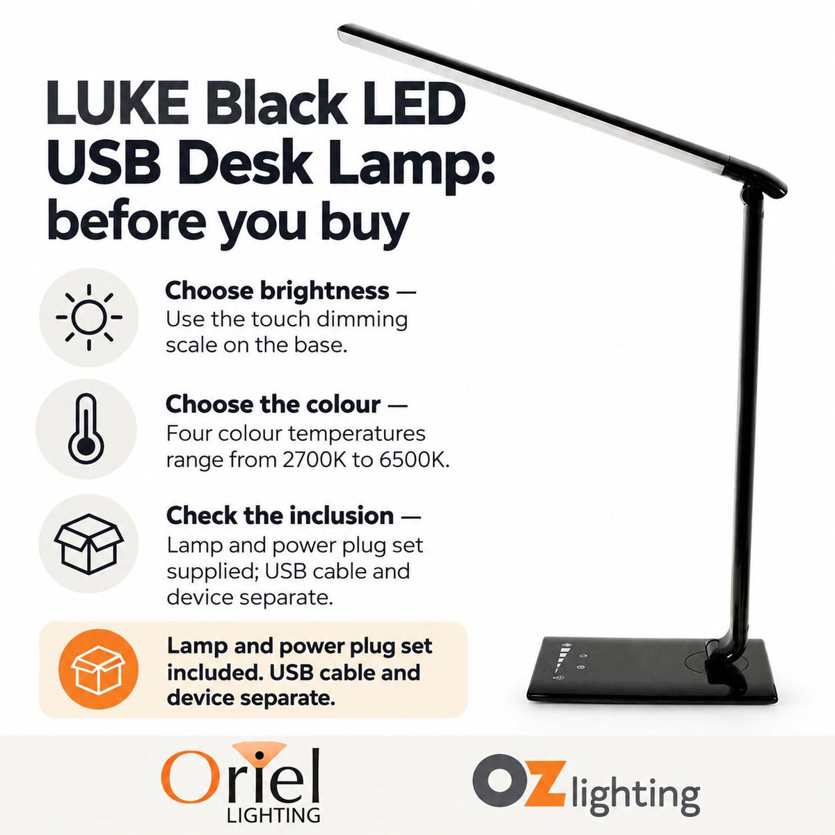 Oriel LUKE Touch LED Desk Lamp - 9W, Dimming Colour Selectable, with USB Port-Oriel Lighting-Ozlighting.com.au