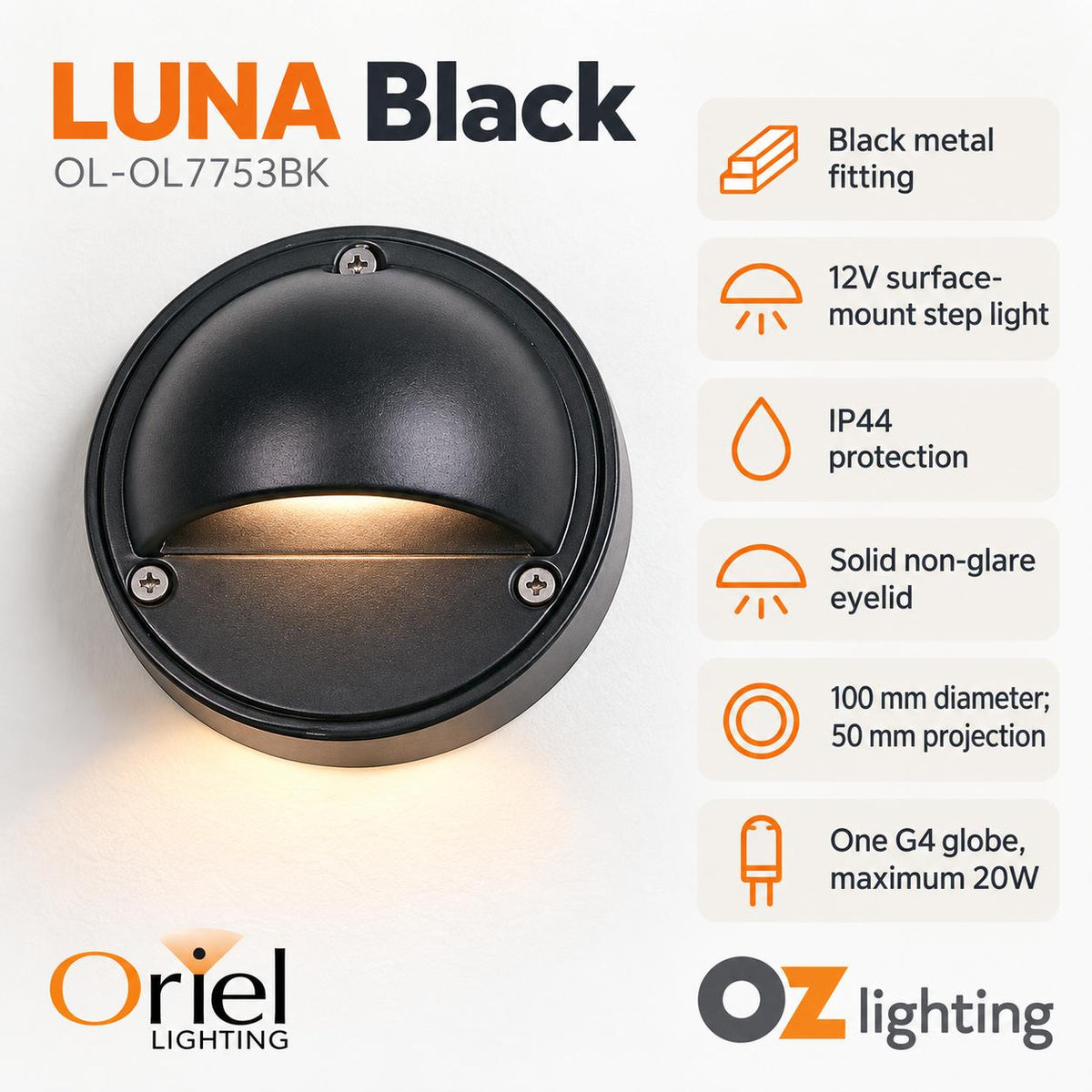 Oriel LUNA Outdoor Step Light - G4 12V DC Surface Mount Eyelid, IP44 - DRIVER REQUIRED-Oriel Lighting-Ozlighting.com.au