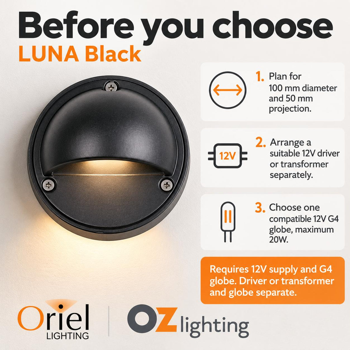 Oriel LUNA Outdoor Step Light - G4 12V DC Surface Mount Eyelid, IP44 - DRIVER REQUIRED-Oriel Lighting-Ozlighting.com.au