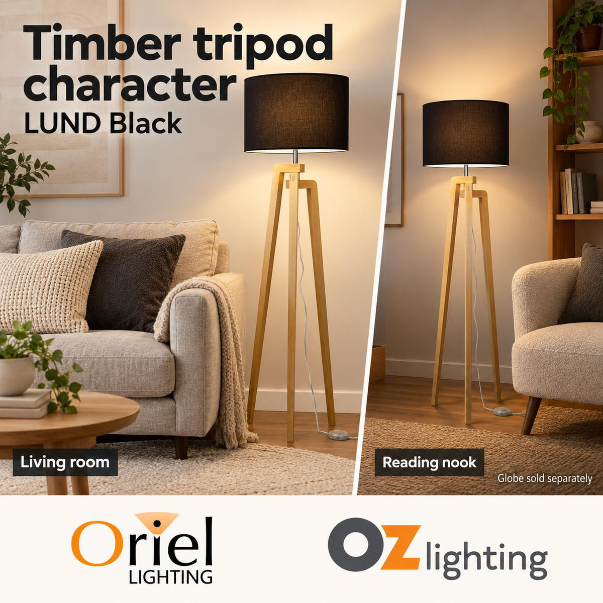 Oriel LUND Floor Lamp - Max. 60W, Tripod-Oriel Lighting-Ozlighting.com.au