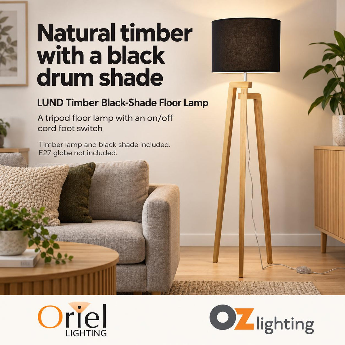 Oriel LUND Floor Lamp - Max. 60W, Tripod-Oriel Lighting-Ozlighting.com.au