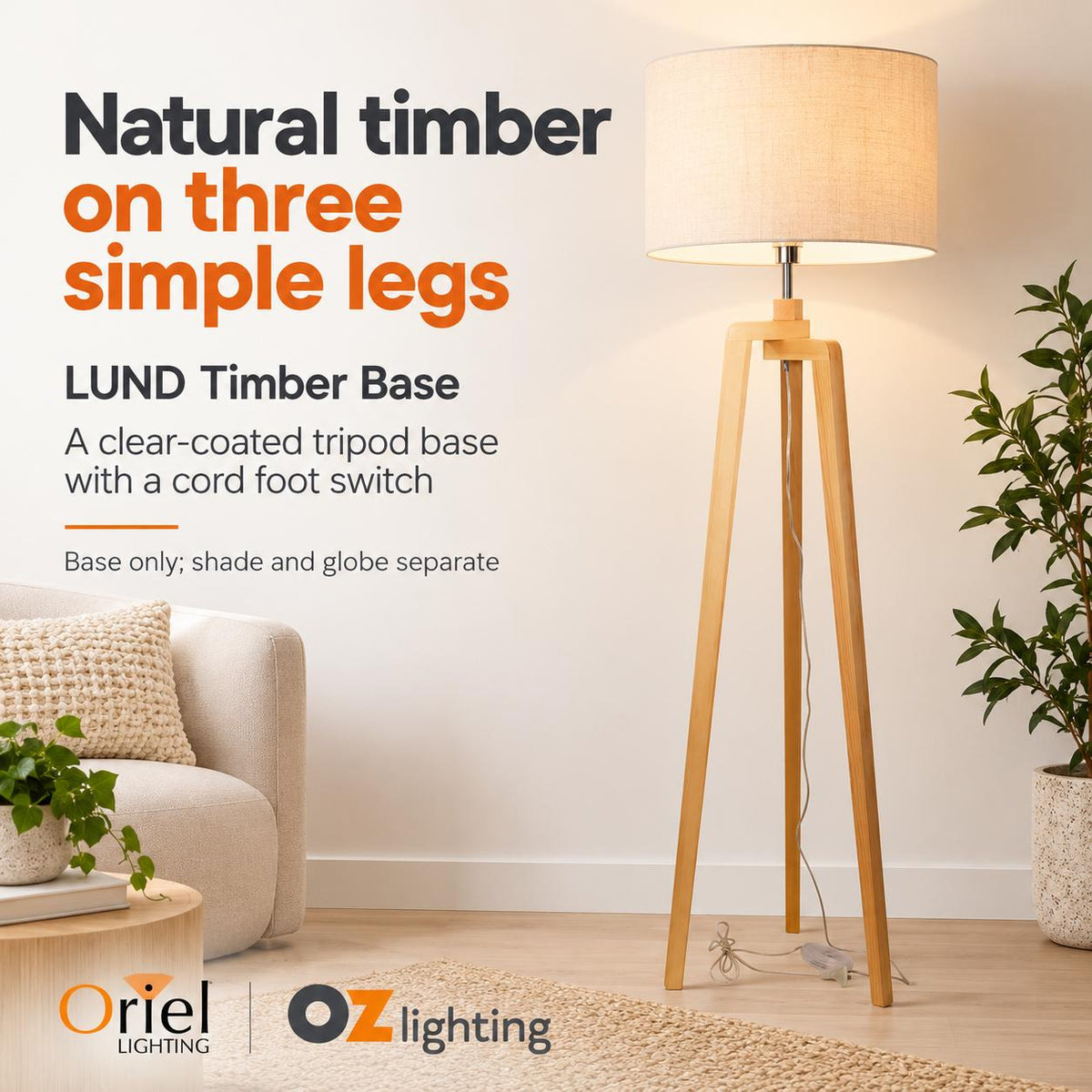 Oriel LUND Lamp Base - Scandi Timber Tripod-Oriel Lighting-Ozlighting.com.au