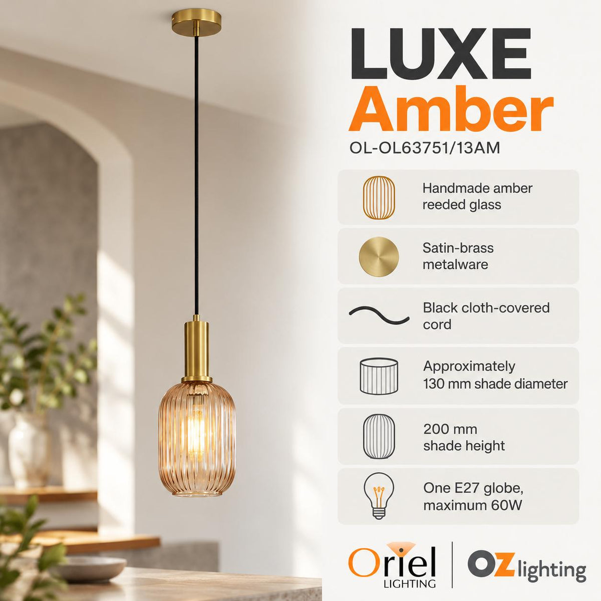 Oriel LUXE Pendant - 1 Light-Oriel Lighting-Ozlighting.com.au