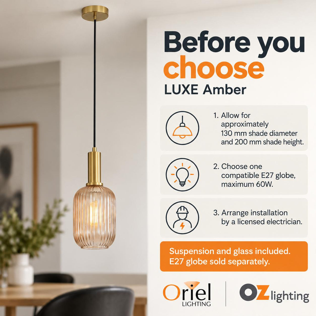 Oriel LUXE Pendant - 1 Light-Oriel Lighting-Ozlighting.com.au