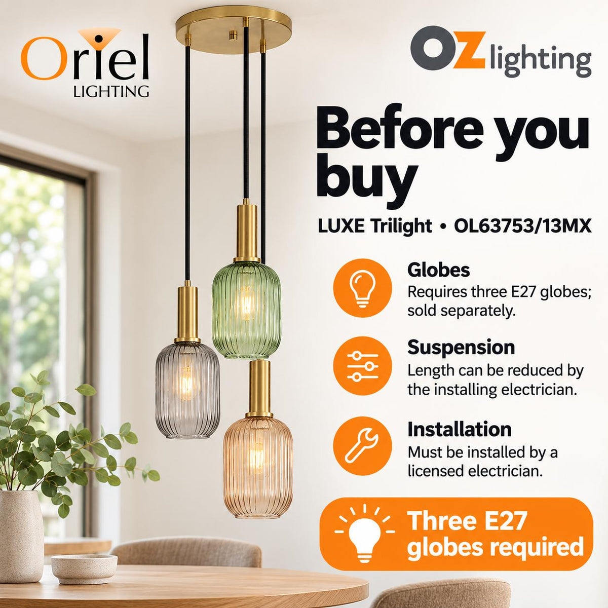 Oriel LUXE Pendant - 3 Light-Oriel Lighting-Ozlighting.com.au