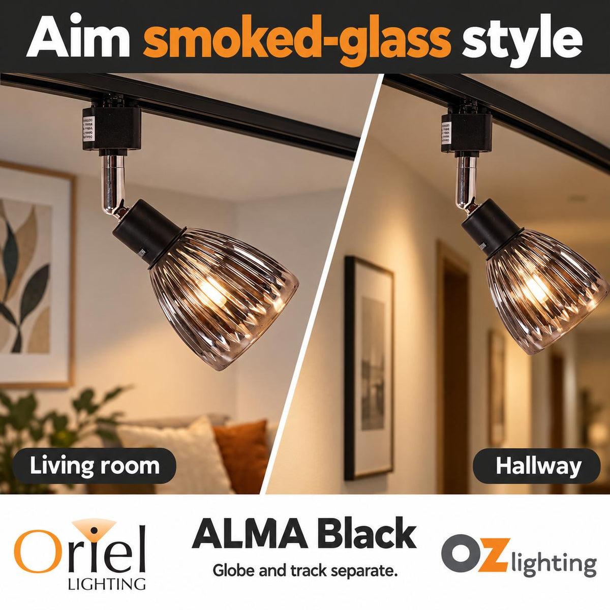Oriel Lighting ALMA Smoked Track Spotlight - Glass, Black-Oriel Lighting-Ozlighting.com.au