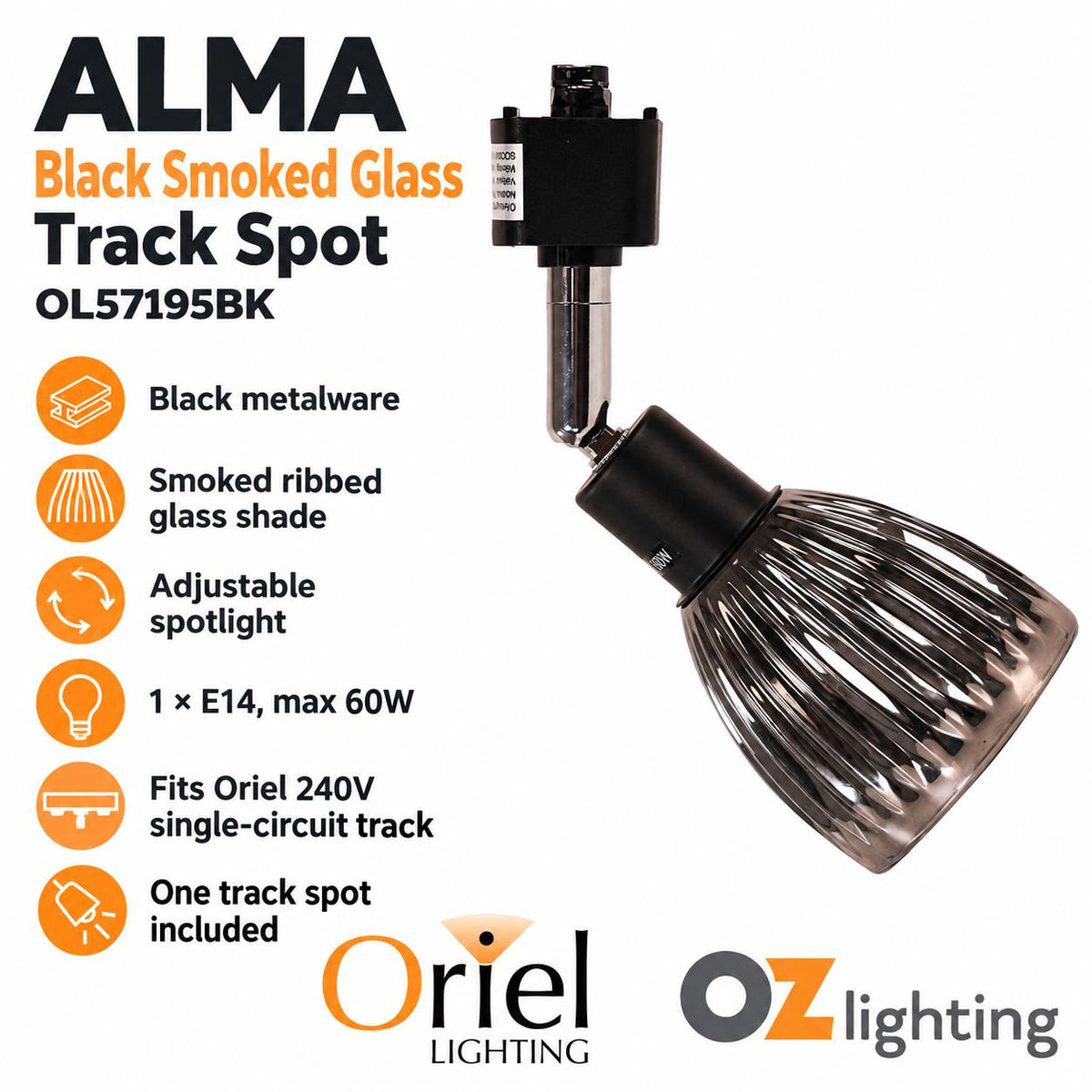 Oriel Lighting ALMA Smoked Track Spotlight - Glass, Black-Oriel Lighting-Ozlighting.com.au