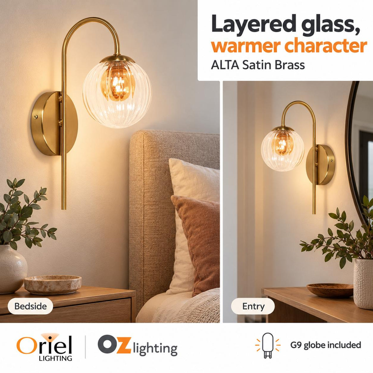 Oriel Lighting ALTA Wall Light - Glass, Satin Brass-Oriel Lighting-Ozlighting.com.au