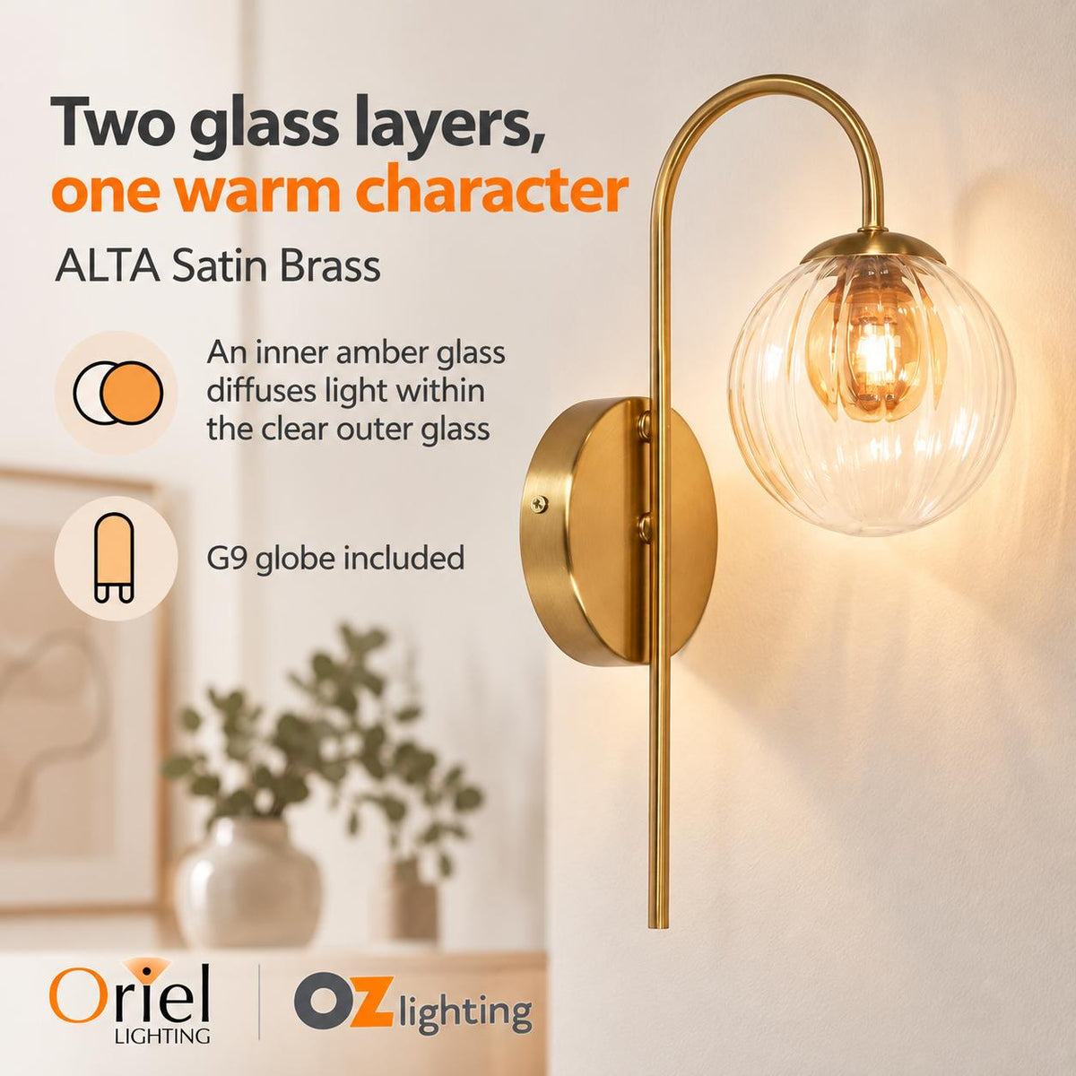 Oriel Lighting ALTA Wall Light - Glass, Satin Brass-Oriel Lighting-Ozlighting.com.au
