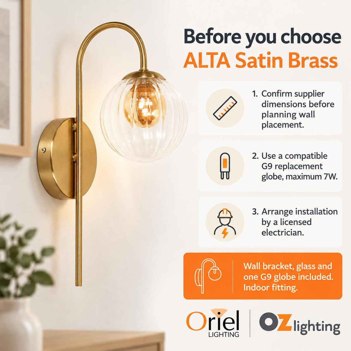 Oriel Lighting ALTA Wall Light - Glass, Satin Brass-Oriel Lighting-Ozlighting.com.au