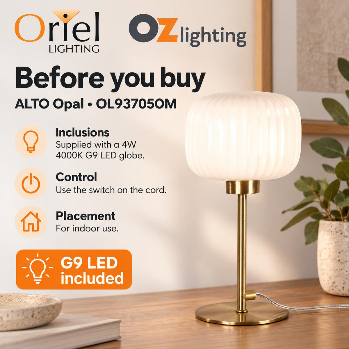 Oriel Lighting ALTO Opal Table Lamp - Glass, Satin Brass-Oriel Lighting-Ozlighting.com.au