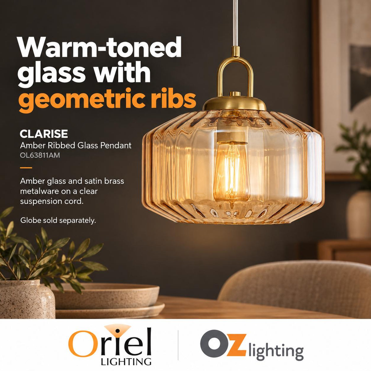 Oriel Lighting CLARISE Ribbed Pendant - Glass-Oriel Lighting-Ozlighting.com.au