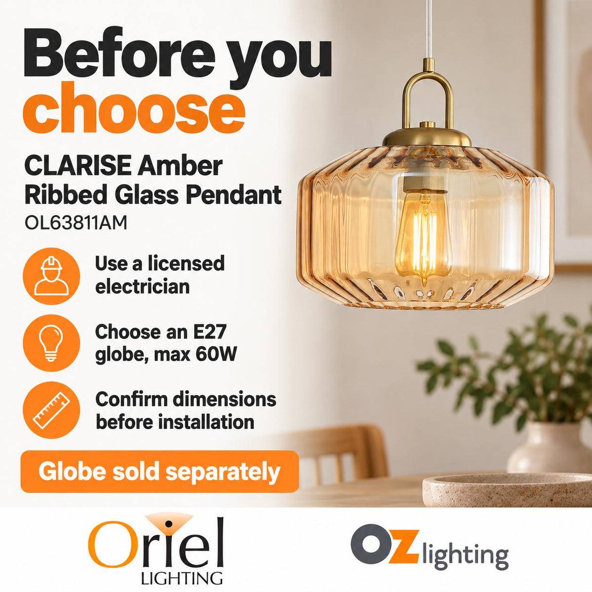 Oriel Lighting CLARISE Ribbed Pendant - Glass-Oriel Lighting-Ozlighting.com.au