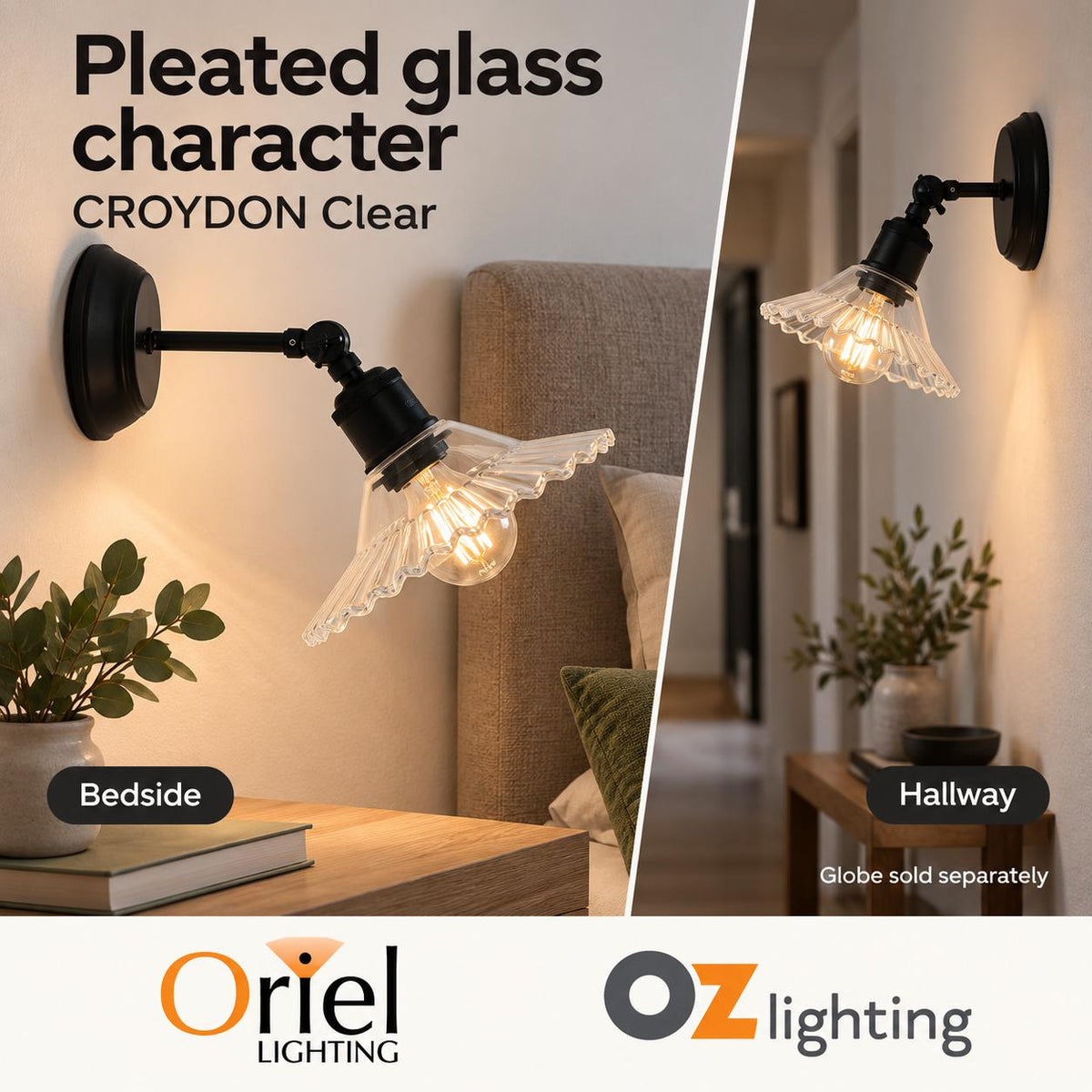 Oriel Lighting CROYDON Wall Light - Pleated Glass, Clear-Oriel Lighting-Ozlighting.com.au